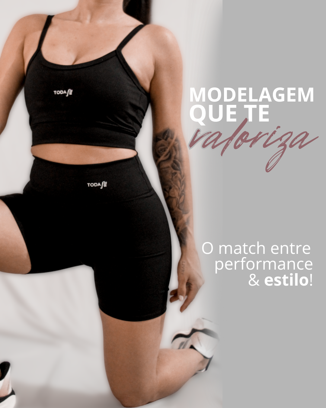 Banner mobile Toda Fit mostrando conjunto fitness preto com top e short, modelagem que valoriza o corpo e destaque para performance e estilo.