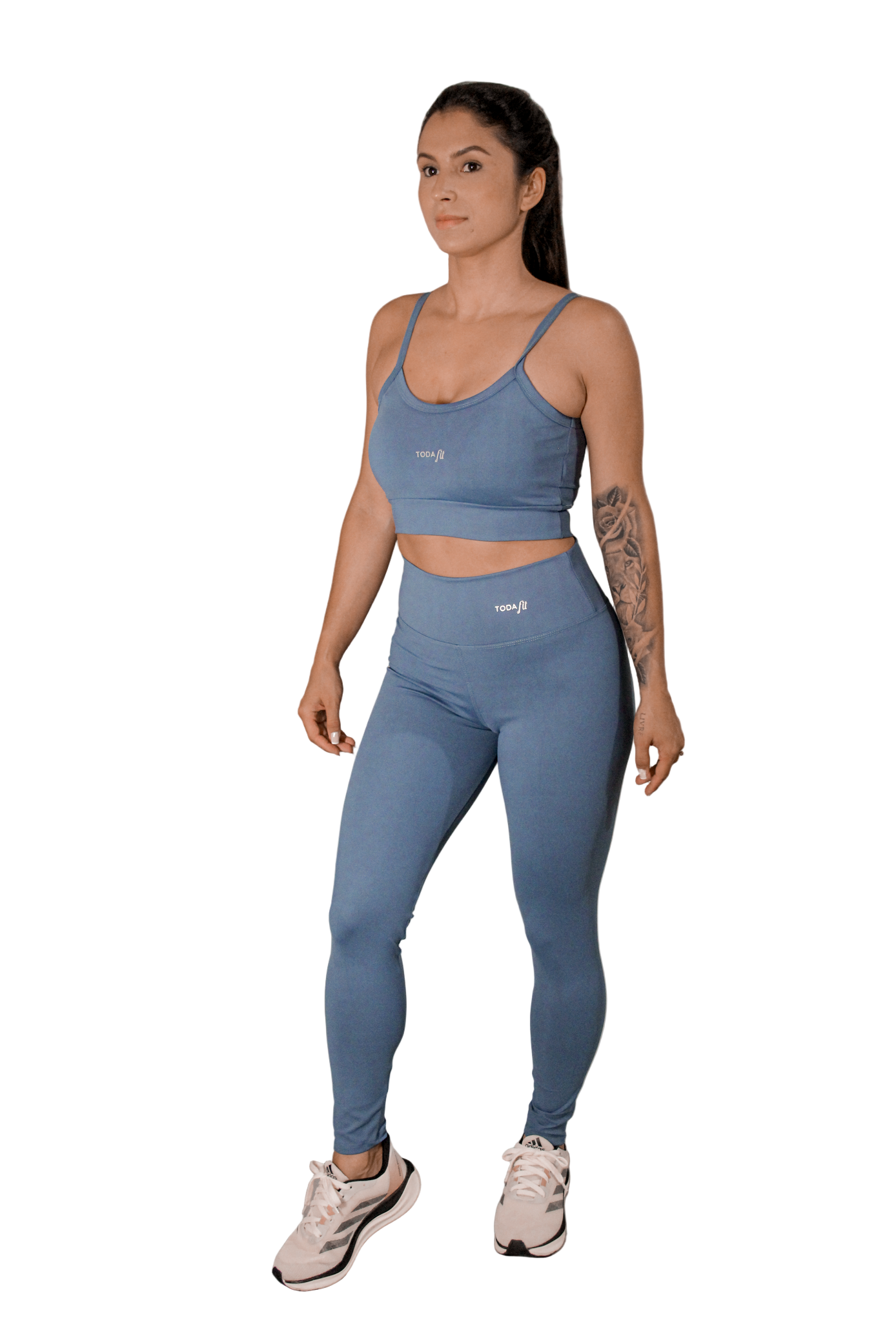 Legging básica azul TodaFit vista de frente, mostrando modelagem e compressão.