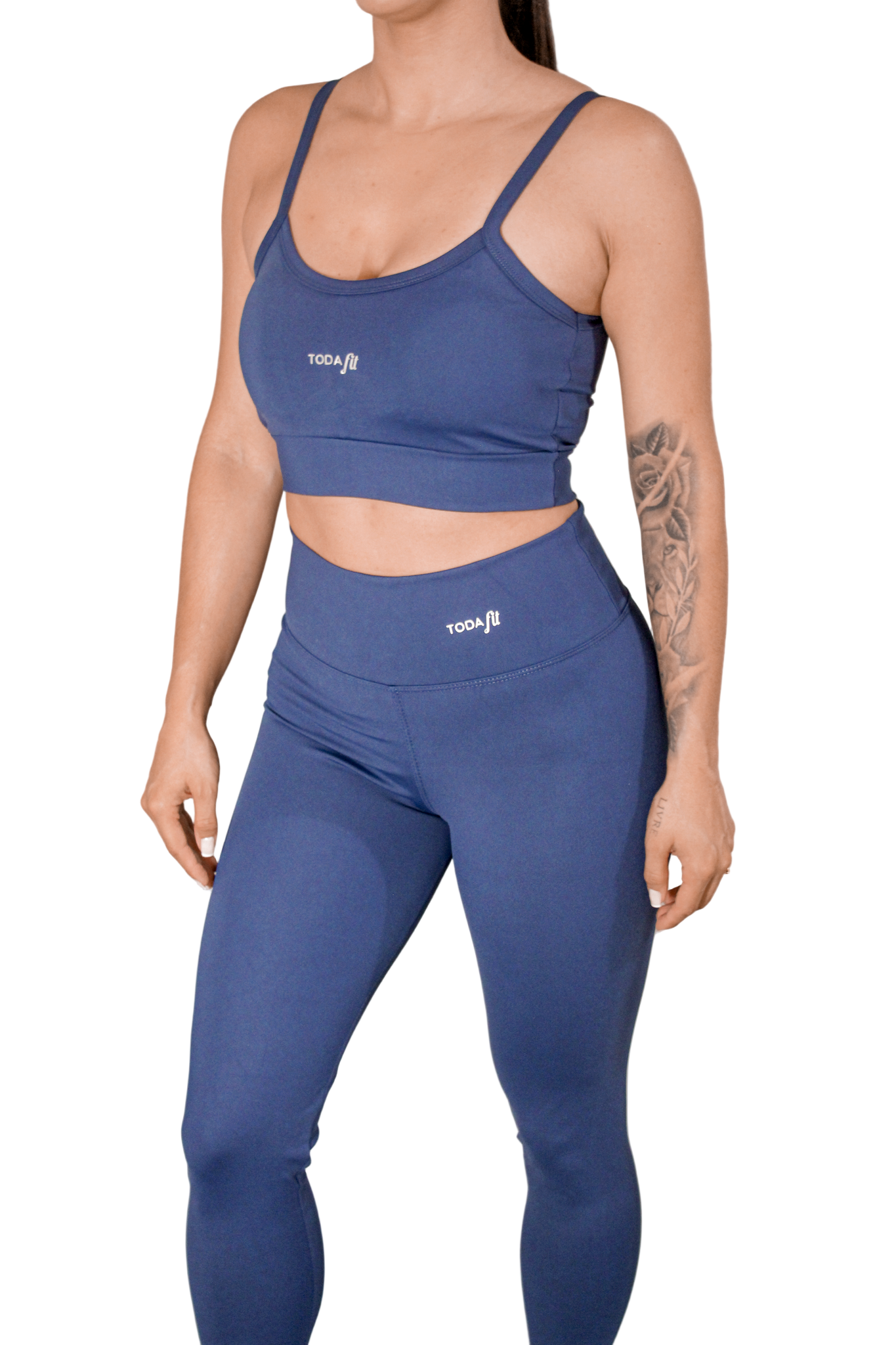 Legging básica azul marinho TodaFit vista de frente, mostrando modelagem e compressão.