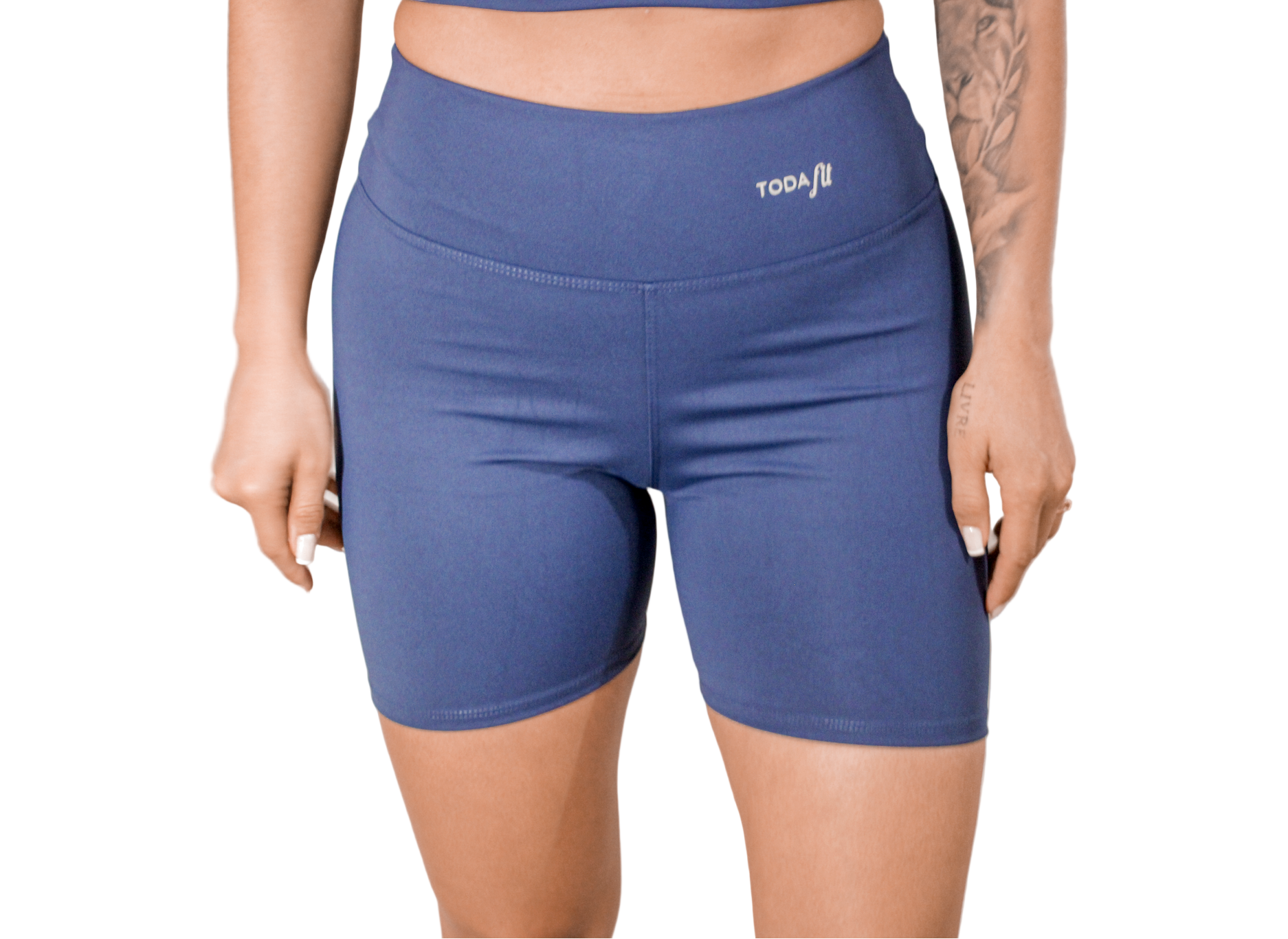 Short fitness sem bolso azul marinho TodaFit na vista frontal, com modelagem justa e tecido de alta compressão.