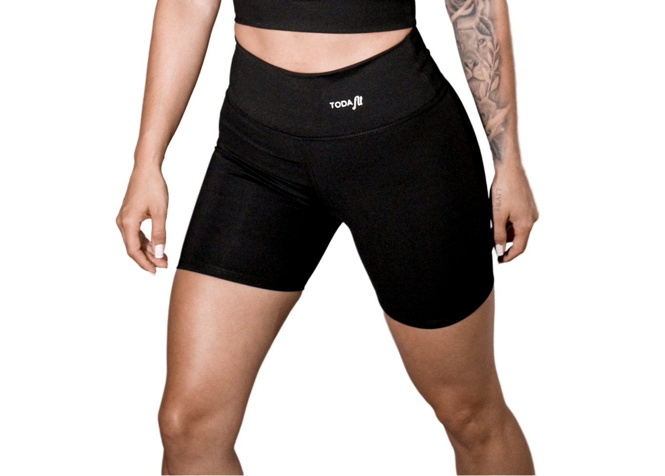 Short fitness sem bolso preto TodaFit na vista frontal, com modelagem justa e tecido de alta compressão.
