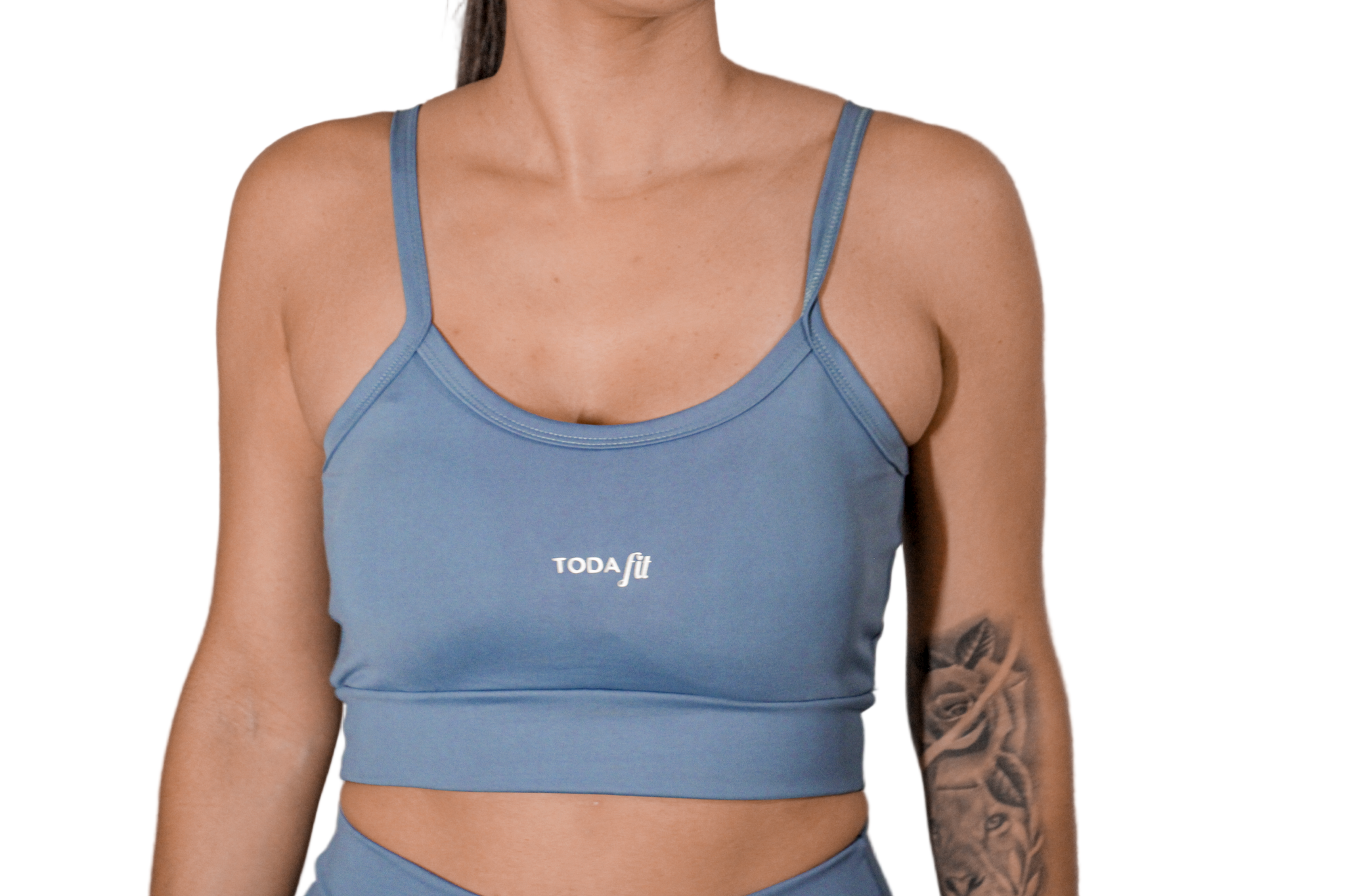 Top slim azul TodaFit visto de frente, destacando a modelagem e sustentação.